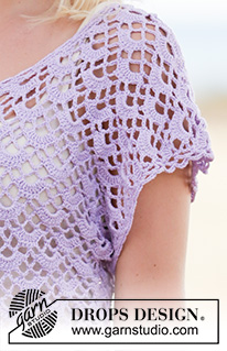Shy Violet Cardigan / DROPS 162-14 - Crochet DROPS jacket with fan pattern, worked top down in ”Safran”. Size S-XXXL.