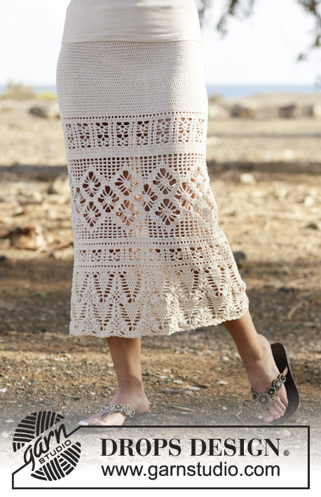 Summer Escape / DROPS 162-18 - Crochet DROPS skirt with double crochet, lace pattern, worked top down in ”Safran”. Size S-XXXL.