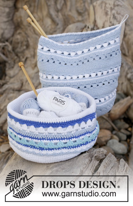 Sea Treasure / DROPS 162-39 - Crochet DROPS baskets with stripe pattern in ”Paris”.