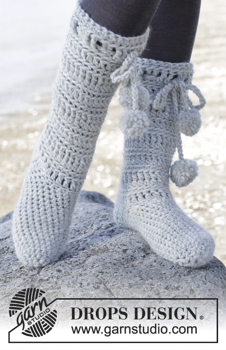 Arctic / DROPS 163-13 - Crochet DROPS slippers in Snow