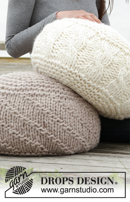 Let's Relax / DROPS 163-6 - Puf DROPS em ponto jarreteira com tranças ou melha liga ou tricô, tricotado com 4 fios ”Snow”. Pode-se também tricotar com 2 fio Polaris.