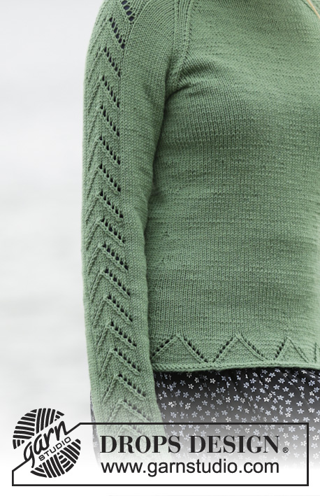 Green Forest / DROPS 164-14 - Gebreide DROPS trui met raglan en kantpatroon van ”Cotton Merino” of Belle. Maat: S - XXXL.