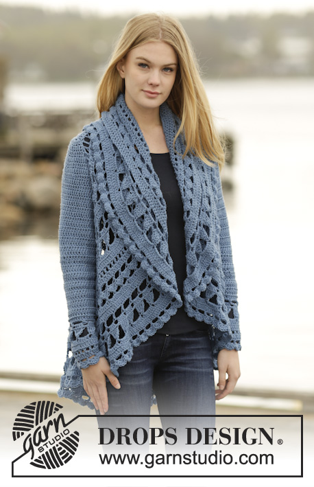 Sea Glass / DROPS 164-16 - Crochet jacket worked in a circle with lace pattern in DROPS Merino Extra Fine or DROPS Sky. Size: S - XXXL.