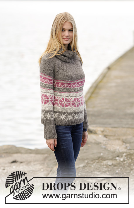 Sweet Winter / DROPS 164-19 - Knitted DROPS jumper with Nordic pattern, round yoke, high collar and rib, worked top down in 2 strands ”Brushed Alpaca Silk” or 1 strand ”Melody”. Size: S - XXXL.
