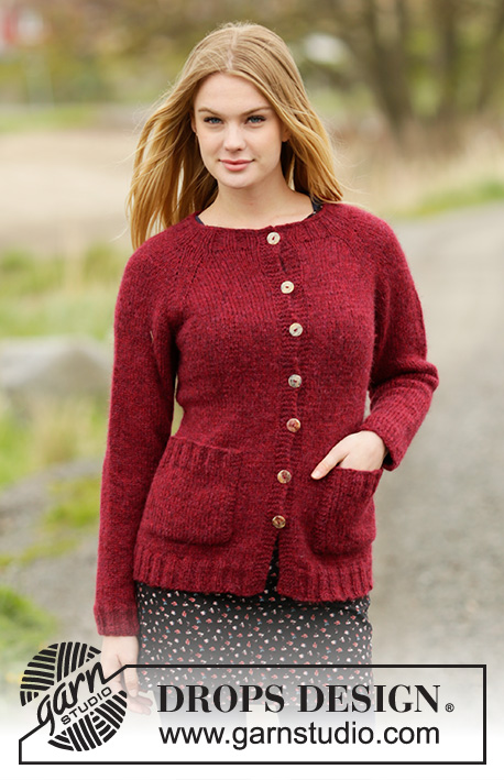 Winter Wine Cardigan / DROPS 164-21 - Knitted DROPS jacket with raglan and pockets in ”Air”. Worked top down. Size: S - XXXL.