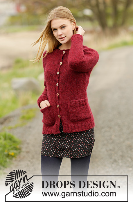 Winter Wine Cardigan / DROPS 164-21 - Knitted DROPS jacket with raglan and pockets in ”Air”. Worked top down. Size: S - XXXL.