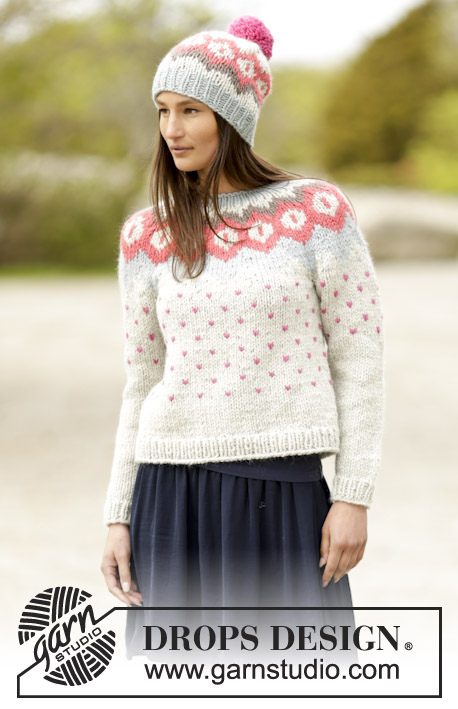 Winter Poppies / DROPS 164-28 - Set consists of: Knitted DROPS jumper with round yoke and Nordic pattern and hat with Nordic pattern and pompom in Andes. Size: S - XXXL.