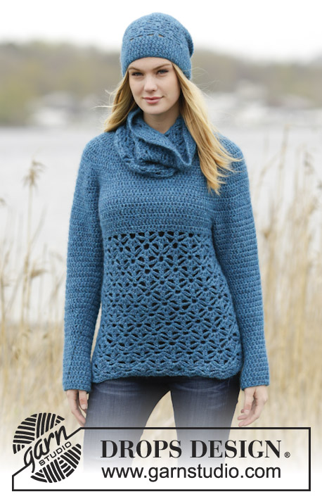 Lakeside / DROPS 164-31 - Crochet DROPS jumper with trebles, lace pattern and round yoke, worked top down in ”Air”.