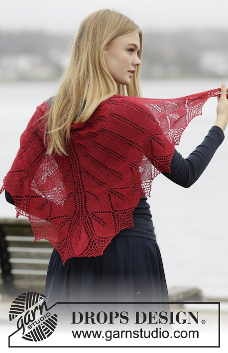 Autumn Leaf / DROPS 164-41 - Knitted DROPS shawl with lace pattern and leaves in Lace or BabyAlpaca Silk.