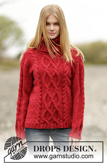Winter Flame / DROPS 164-46 - Knitted DROPS jumper with cables and high collar in ”Alaska”.