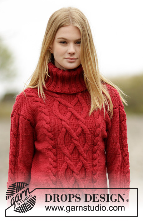 Winter Flame / DROPS 164-46 - Knitted DROPS jumper with cables and high collar in ”Alaska”.