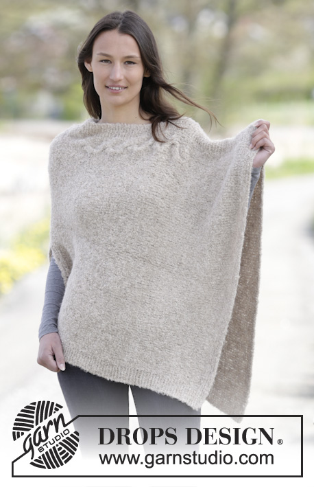 Weekend Wrap / DROPS 164-47 - Knitted DROPS poncho in garter st and stocking st with cable in ”Alpaca Bouclé”. Size S-XXXL.