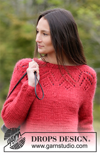 Warm Autumn / DROPS 164-5 - Knitted DROPS jumper with lace pattern and round yoke with 1 thread Snow or 2 threads Air. Size: S - XXXL.