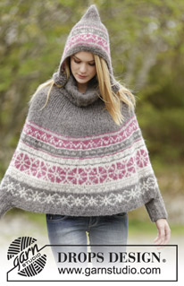 Sweet Winter Poncho / DROPS 164-6 - Knitted DROPS poncho in 2 strands ”Brushed Alpaca Silk” or 1 strand ”Melody” with Nordic pattern, rib and round neckline worked top down. Size: S - XXXL.