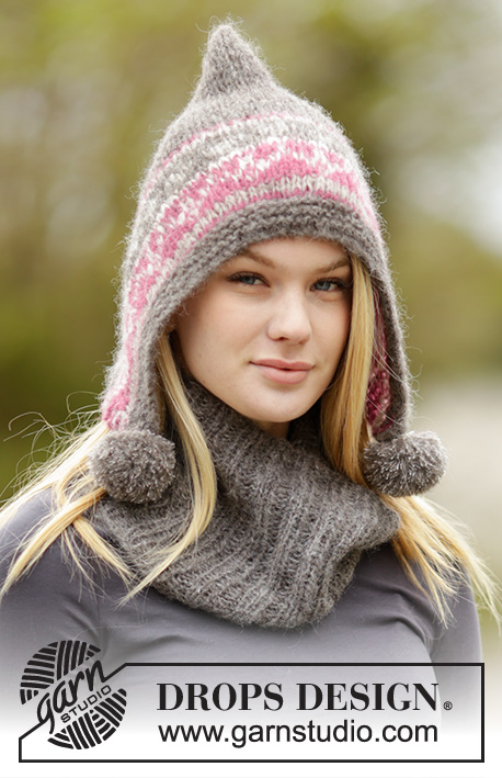 Sweet Winter Hat / DROPS 164-7 - Set consists of: Knitted DROPS hat in 2 strands ”Brushed Alpaca Silk” or 1 strand ”Melody” with Nordic pattern, pompoms and garter band and neckwarmer with rib.