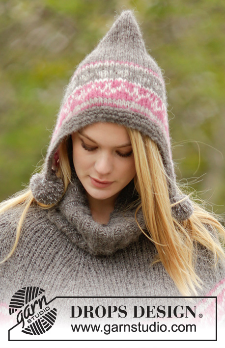 Sweet Winter Hat / DROPS 164-7 - Sættet består af: Strikket DROPS hue i 2 tråde ”Brushed Alpaca Silk” eller 1 tråd ”Melody” med nordisk mønster, pomponer og kant i retstrik, samt strikket hals rib.
