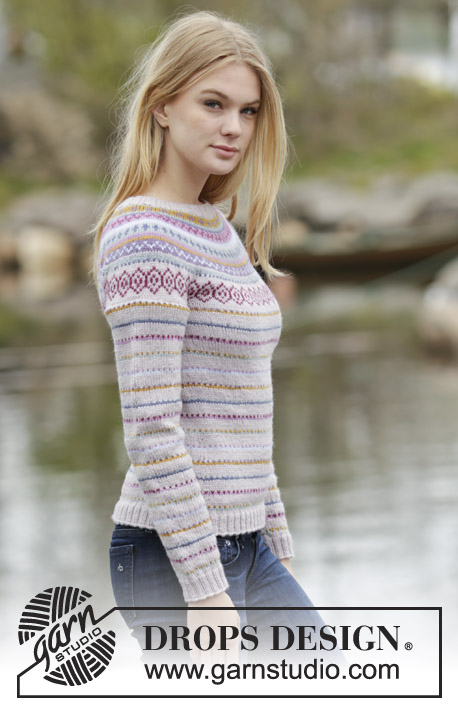 Sweet As Candy / DROPS 165-1 - Knitted DROPS jumper with round yoke and multi-colored pattern in border in ”Karisma”. Size: S - XXXL.
