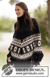 Southwest / DROPS 165-20 - Knitted DROPS poncho with graphic pattern, fringes, high collar in rib, worked top down in ”Nepal”. Size: S - XXXL.