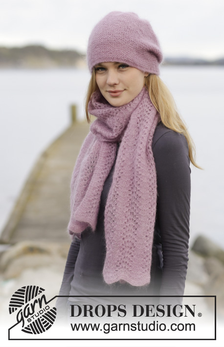 Frozen Rose / DROPS 165-41 - Set consists of: Knitted DROPS stole with wave pattern in 1 strand ”Kid-Silk” and hat in 2 strands ”Kid-Silk” with garter st.