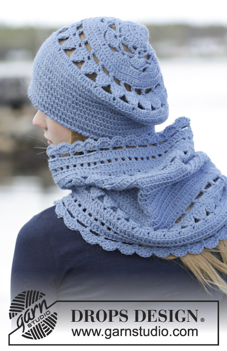 Winter Flower / DROPS 166-21 - Set consists of: Crochet DROPS beret and neck warmer with lace pattern in ”Lima”.