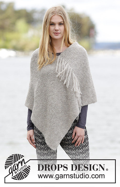 Lorelei / DROPS 166-30 - Knitted DROPS poncho in garter st with fringes in 2 strands ”Brushed Alpaca Silk” or 1 strand Melody.
