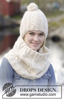 Winter Glow / DROPS 166-38 - Set consists of: Knitted DROPS hat and neck warmer with cables in 1 thread Cloud or 2 threads Air. Size: S - XXXL.