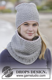 Sue / DROPS 166-39 - Set consists of: Knitted DROPS hat and neck warmer in double moss st in ”Alaska”.