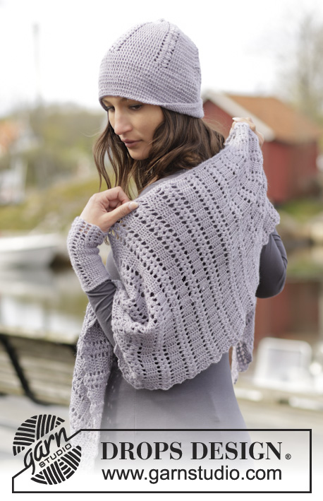 Viola / DROPS 166-44 - Set consists of: Crochet DROPS shawl, hat and wrist warmers with fan pattern in ”BabyAlpaca Silk”.