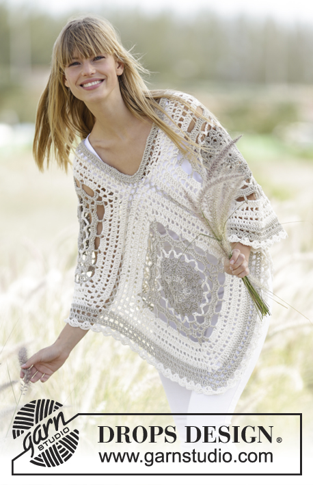 Midsummer Joy / DROPS 167-14 - Crochet DROPS poncho with squares in ”Bomull-Lin”. One-size