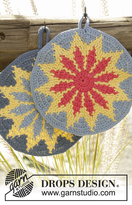 Burning Sun / DROPS 170-22 - Crochet DROPS round pot holder with multi-coloured pattern in ”Paris”.