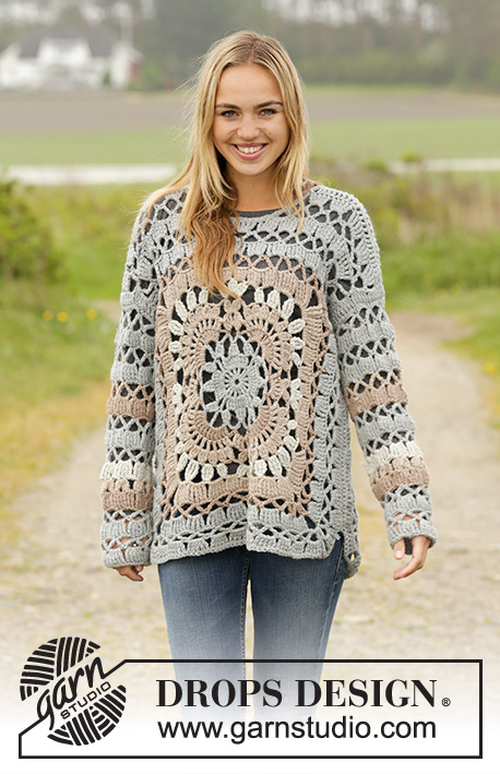Harvest Love / DROPS 171-35 - Crochet DROPS jumper with crochet squares and lace pattern in ”Nepal”. Size: S - XXXL.