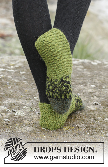Olive Love / DROPS 171-39 - Knitted DROPS slippers with Nordic pattern worked from toe up in ”Nepal”. Size 35 - 42