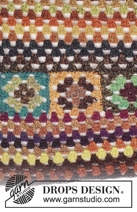 Autumn Harvest / DROPS 171-43 - Xaile DROPS em croché, com quadrados granny e pontos altos, em ”Delight”.