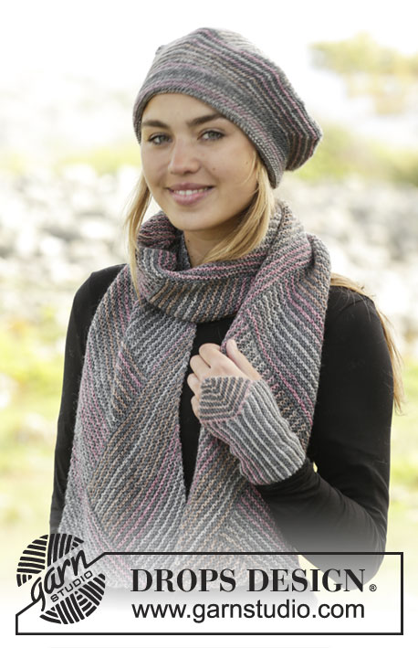 Tara / DROPS 171-48 - Set consists of: Knitted DROPS beret and wrist warmers with domino squares and scarf worked diagonally with stripes in ”Fabel”.