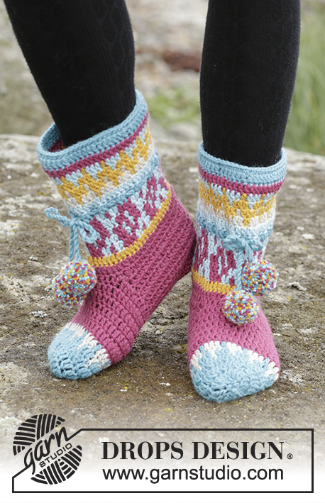 Rock Them Socks / DROPS 172-19 - Heklede DROPS tøfler i ”Nepal” med flerfarget mønster. Str 35 – 43.