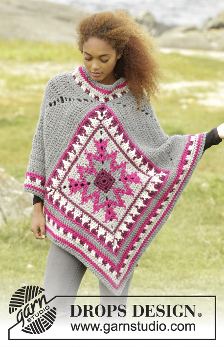 Desert Star / DROPS 172-38 - Crochet DROPS poncho with multi-coloured pattern in Snow. Size S-XXXL.