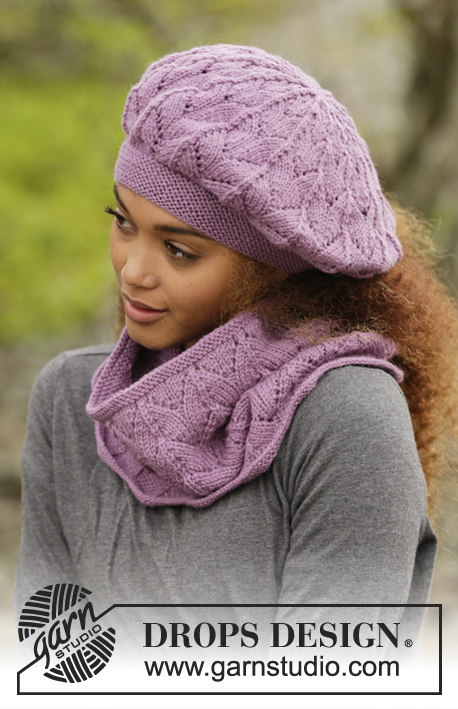 Myra / DROPS 172-8 - Knitted DROPS beret and neck warmer with lace pattern in ”Lima”.
