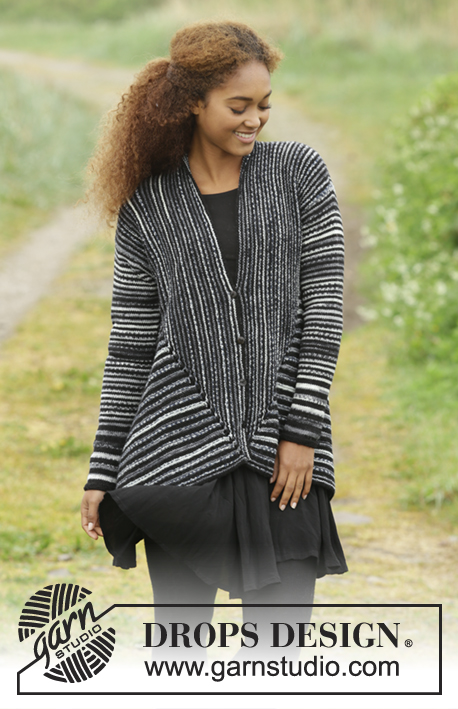 Midnight Roads / DROPS 173-14 - Knitted DROPS jacket in garter st with shawl collar, worked sideways in ”Fabel”. Size: S - XXXL.