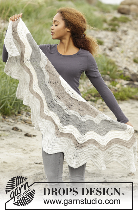 Blizzard / DROPS 173-23 - Knitted DROPS shawl with wave pattern and stripes, worked top down in ”Puna”.