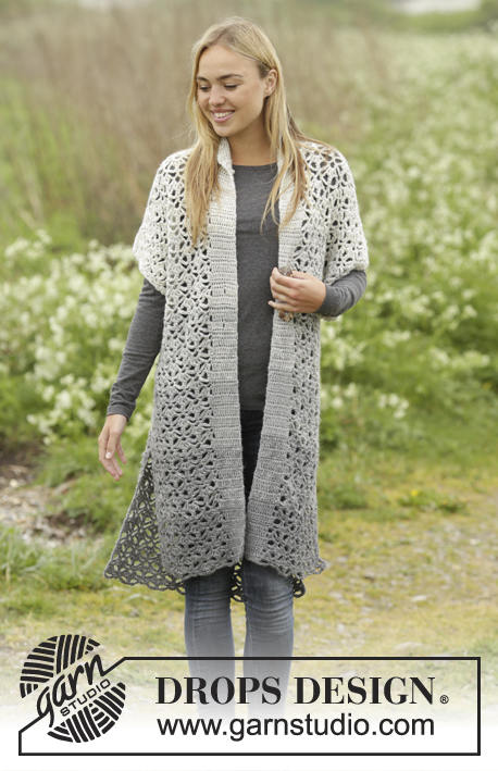 Winter Skies / DROPS 173-36 - Crochet DROPS jacket with lace pattern, stripes and shawl collar, worked top down in 2 strands Alpaca. Size S-XXXL.