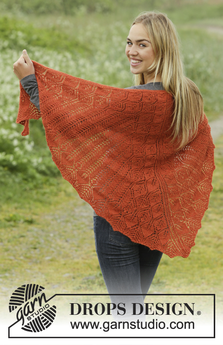 Cornucopia / DROPS 173-49 - Knitted DROPS shawl with leaves and lace pattern, worked top down in ”Alpaca”.