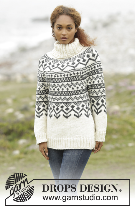Black Ice / DROPS 173-5 - Knitted DROPS jumper with round yoke and Nordic pattern in Nepal. Size: S - XXXL.