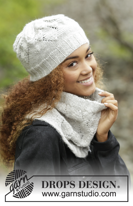 Madge / DROPS 173-7 - Set consists of: Knitted DROPS neck warmer and hat with lace pattern in ”Karisma” or Puna.