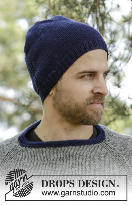 Keystone Hat / DROPS 174-12 - Knitted DROPS men’s hat in stockinette st and detail in ridges in Big Merino.