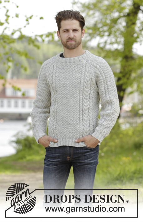 The Rower / DROPS 174-15 - Knitted DROPS men’s jumper with cables, raglan and folding edge at the neck in Karisma. Size: S - XXXL.