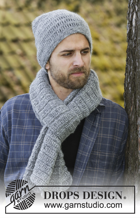 Marshall / DROPS 174-18 - Set consists of: Crochet DROPS men’s hat and scarf with trebles and single crochet in Air.