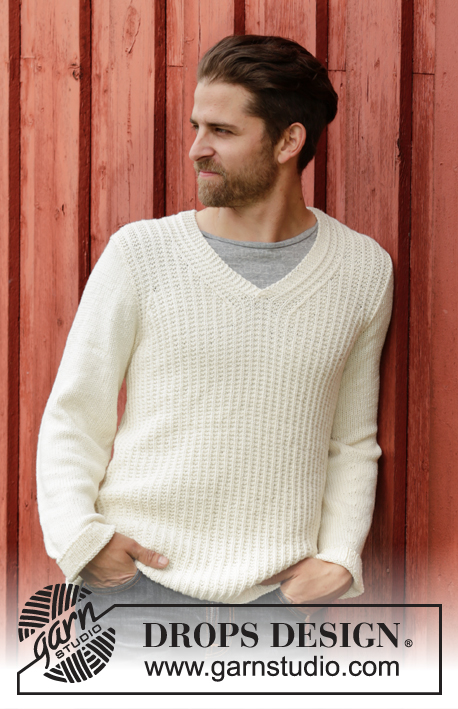 Riley / DROPS 174-22 - Knitted men’s jumper with textured pattern and V-neck in DROPS Cotton Merino or DROPS Daisy. Size: S - XXXL.