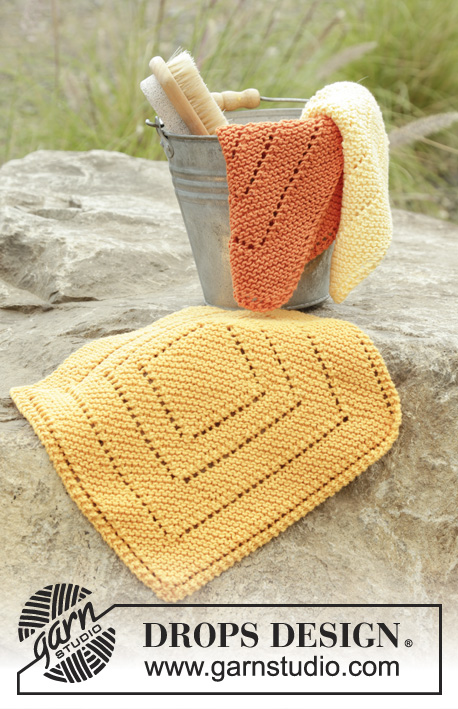 Summer Squares / DROPS 175-18 - Knitted cloth in garter stitch and lace pattern in DROPS Safran.