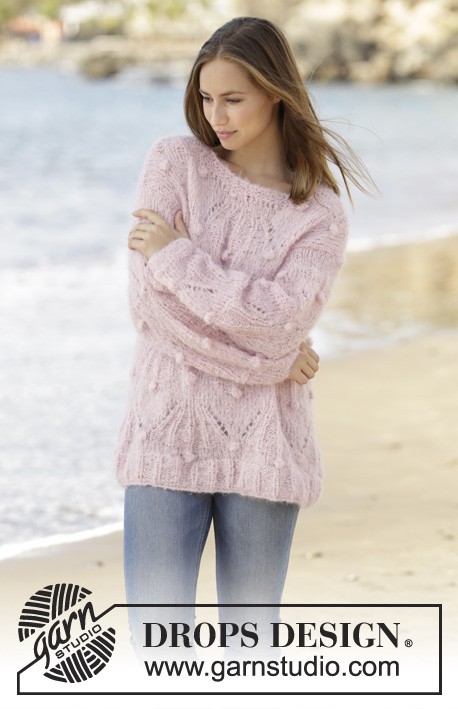 Candied Almonds / DROPS 176-11 - Knitted jumper with lace pattern and bobbles in DROPS Melody. Size: S - XXXL