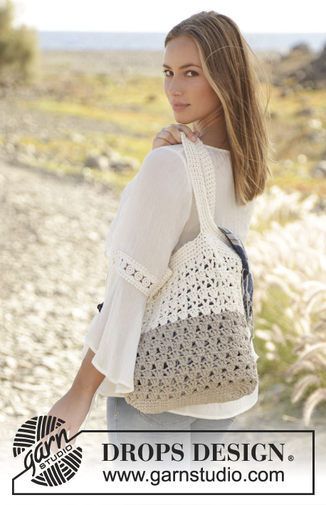 To the Beach! / DROPS 176-23 - Crochet bag/tote bag with lace pattern in 2 strands DROPS Bomull-Lin.